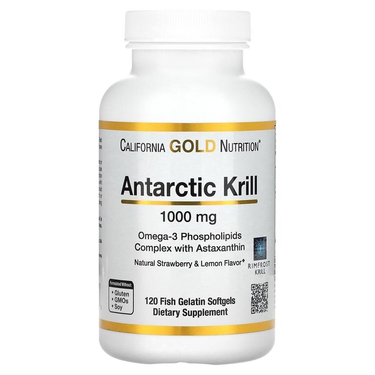 California Gold Nutrition, Масло антарктического криля, комплекс омега-3 фосфолипидов с астаксантином, натуральный клубничный и лимонный вкус, 1000 мг, 120 капсул из рыбьего желатина