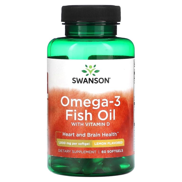 Swanson, Омега-3 рыбий жир с витамином D, лимон, 1000 мг, 60 мягких таблеток
