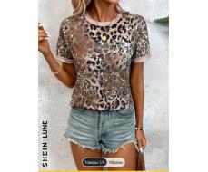SHEIN LUNE Vintage-Style Leopard Print T-Shirt With Mottled Shimmer Print Effect