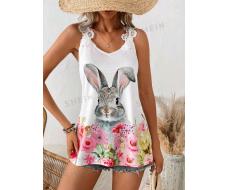 SHEIN LUNE Summer Sleeveless Lace Trimmed Easter Rabbit & Flower Print Camisole Top