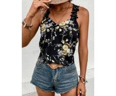 SHEIN LUNE Floral Print Guipure Lace Panel Wide Strap Top