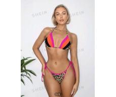 SHEIN Swim Women's Leopard Print Patchwork Halter Neck Bikini Set