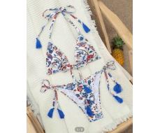 SHEIN Swim Ladies' Floral Printed Halter Neck Split Swimsuit Set With Micro Bikini Bottoms
