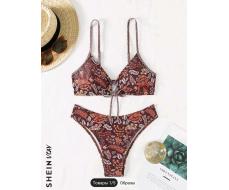 SHEIN VCAY Ladies' Random Printed Tie Front Summer Bikini Swimsuit Set