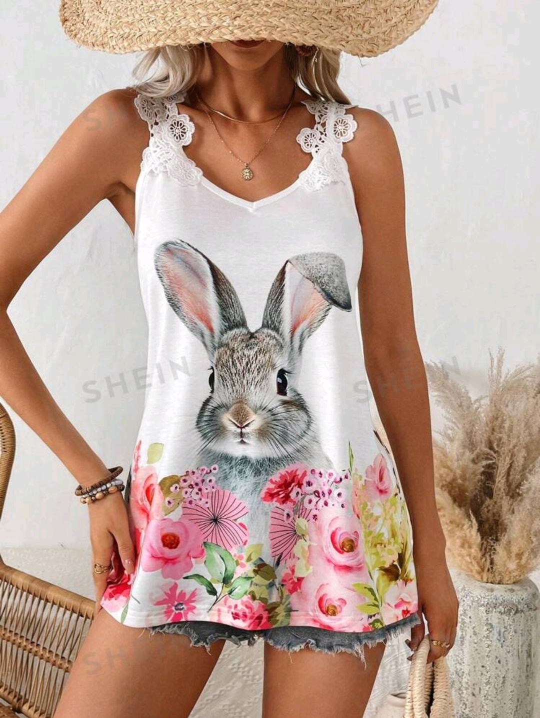 SHEIN LUNE Summer Sleeveless Lace Trimmed Easter Rabbit & Flower Print Camisole Top