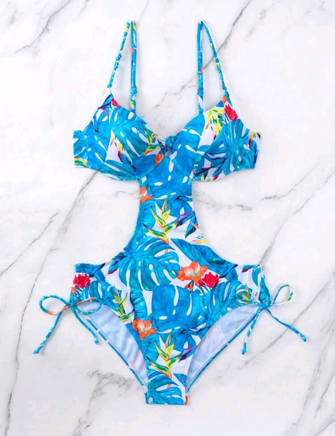 Tropical Print Cut Out Tie Side One Piece Swimsuit