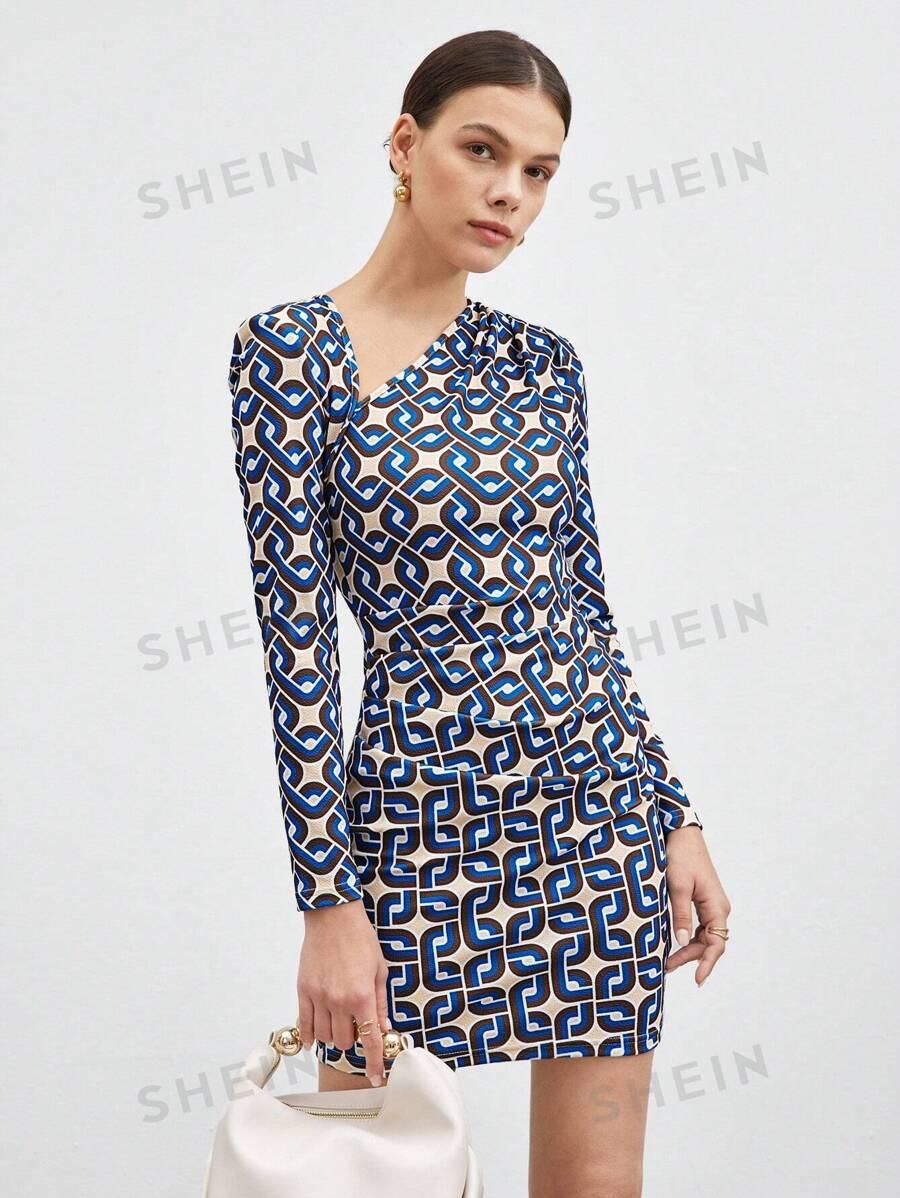 Женское платье с асимметричным воротником и геометрическим принтом от SHEIN BIZwear АРТИКУЛ: sz2307288166395834