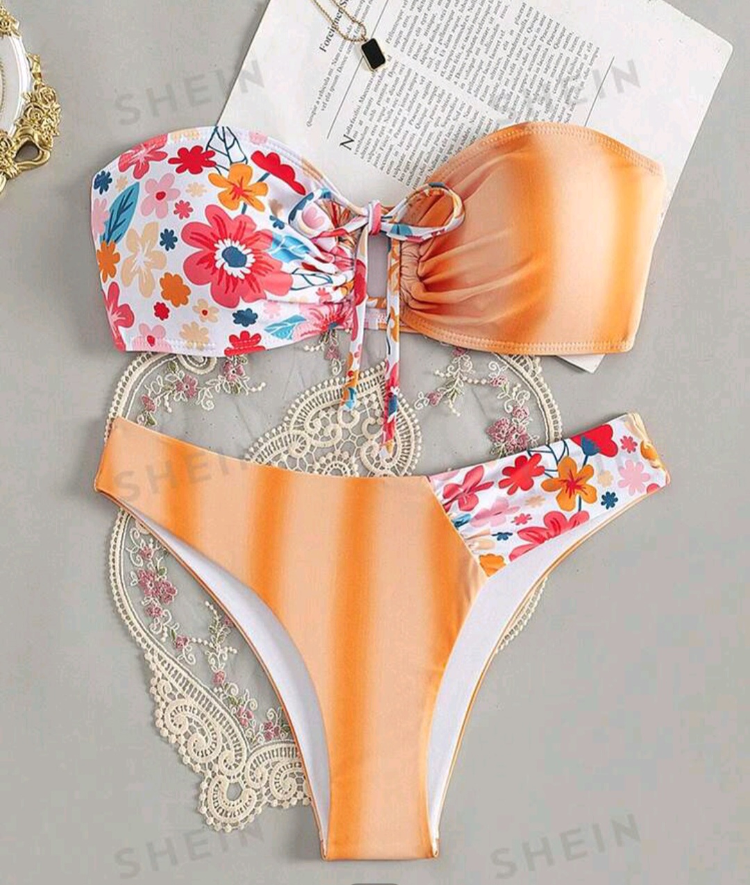 SHEIN Swim Women's Small Floral Print Splicing Swimwear Set