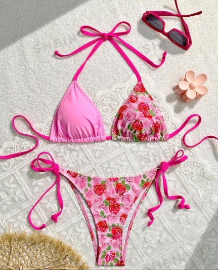SHEIN Swim Women's Floral Print Halter Neck Tie Bikini Set